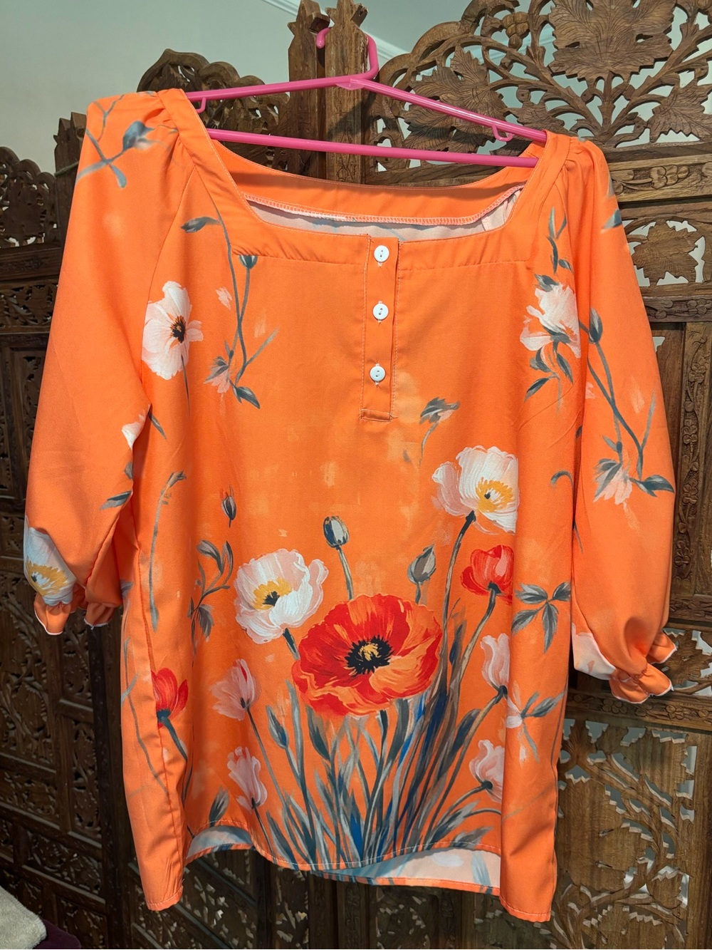 Floral Women’s vibrant oriental poppy flowers orange Button-Front Blouse